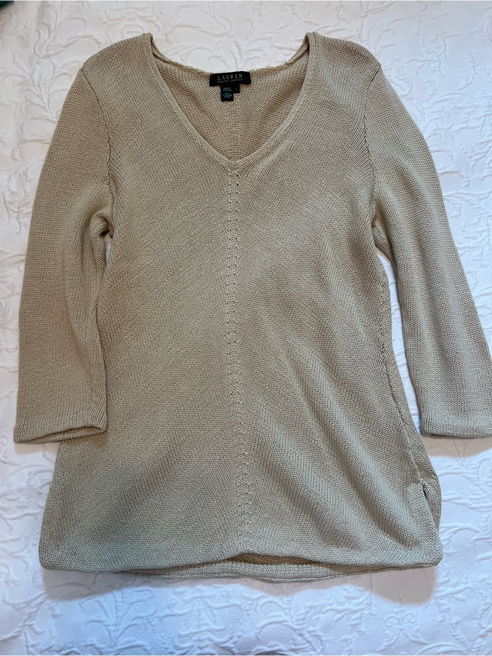 Ralph Lauren Khaki V Neck 100% Cotton Sweater Pullover 3/4 sleeve size L